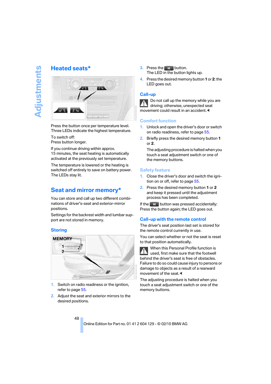 Heated seats, Seat and mirror memory, Adju stmen ts | BMW 128i Convertible 2011 User Manual | Page 50 / 256