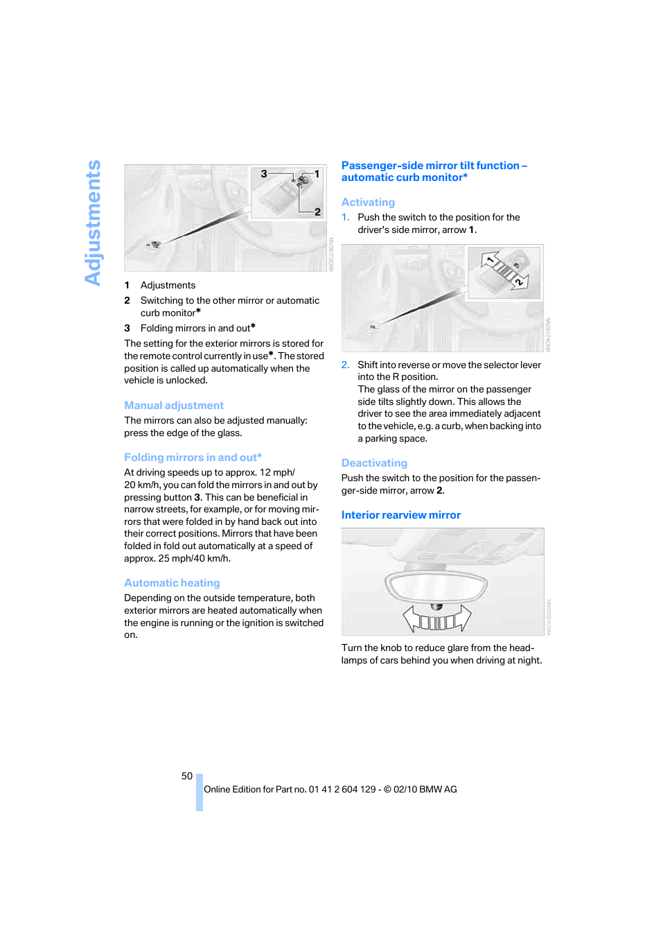 Adju stmen ts | BMW 128i Convertible 2011 User Manual | Page 52 / 256