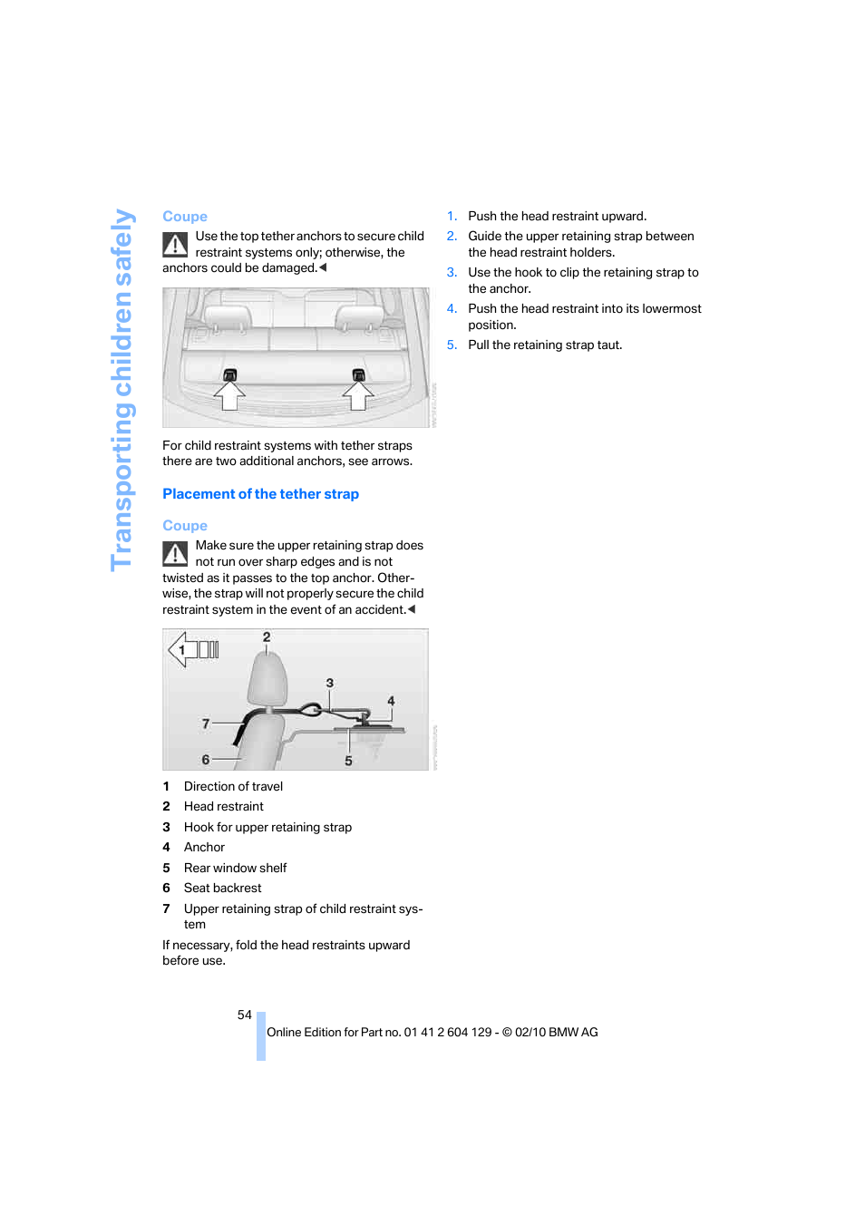 Transporting child ren safely | BMW 128i Convertible 2011 User Manual | Page 56 / 256