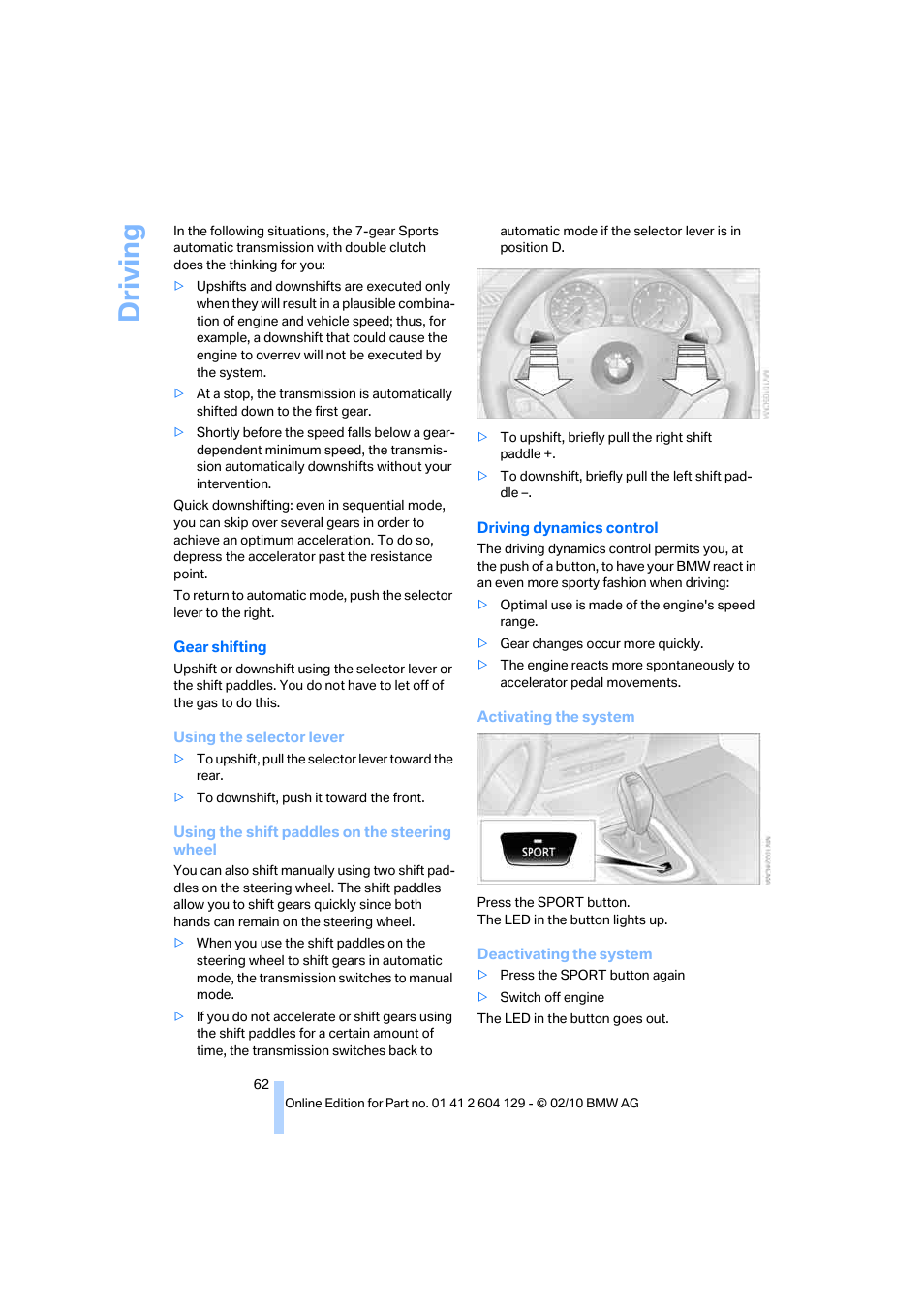 Driving | BMW 128i Convertible 2011 User Manual | Page 64 / 256