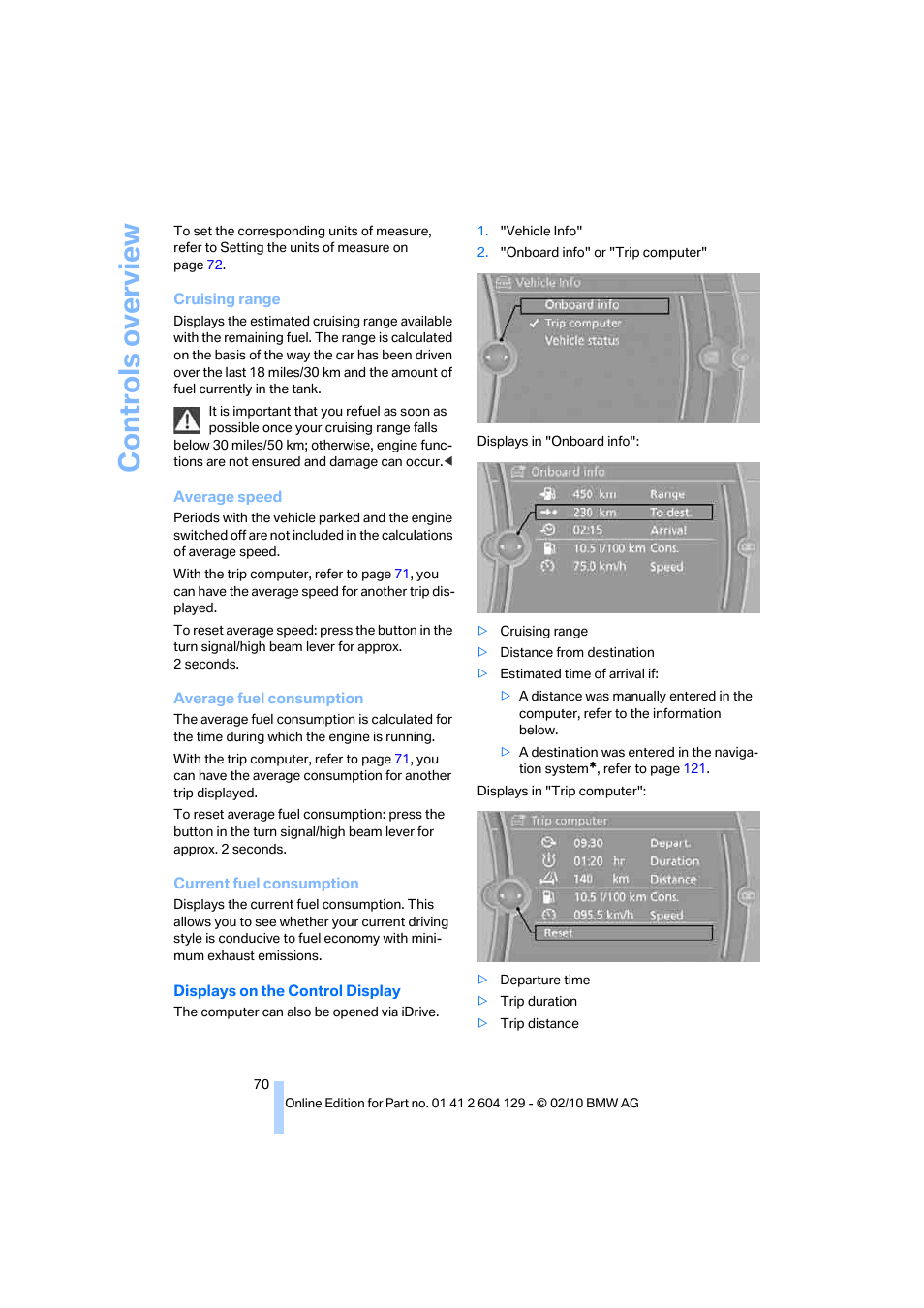 Controls overview | BMW 128i Convertible 2011 User Manual | Page 72 / 256