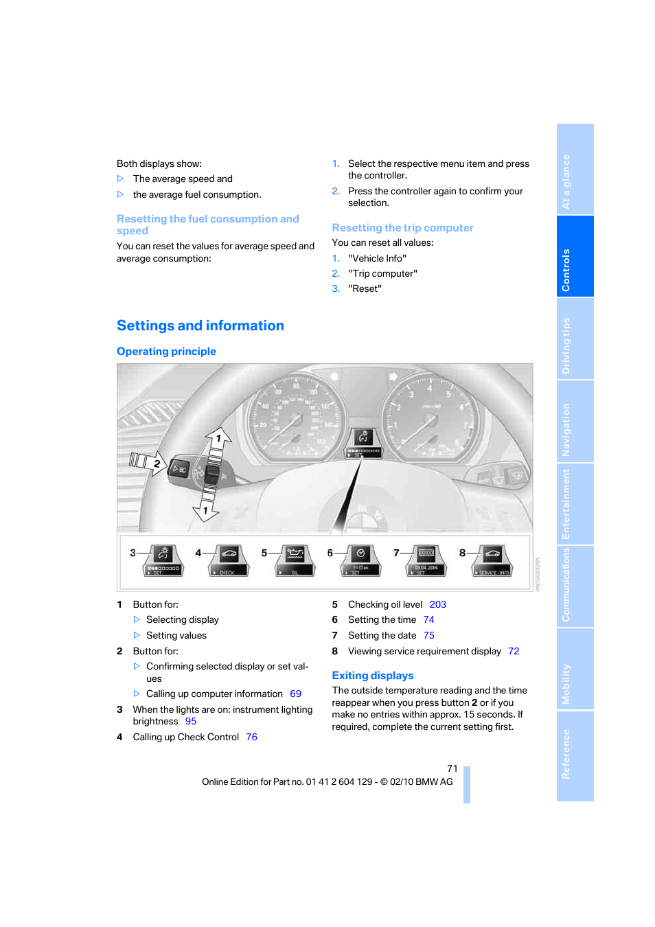 Settings and information | BMW 128i Convertible 2011 User Manual | Page 73 / 256