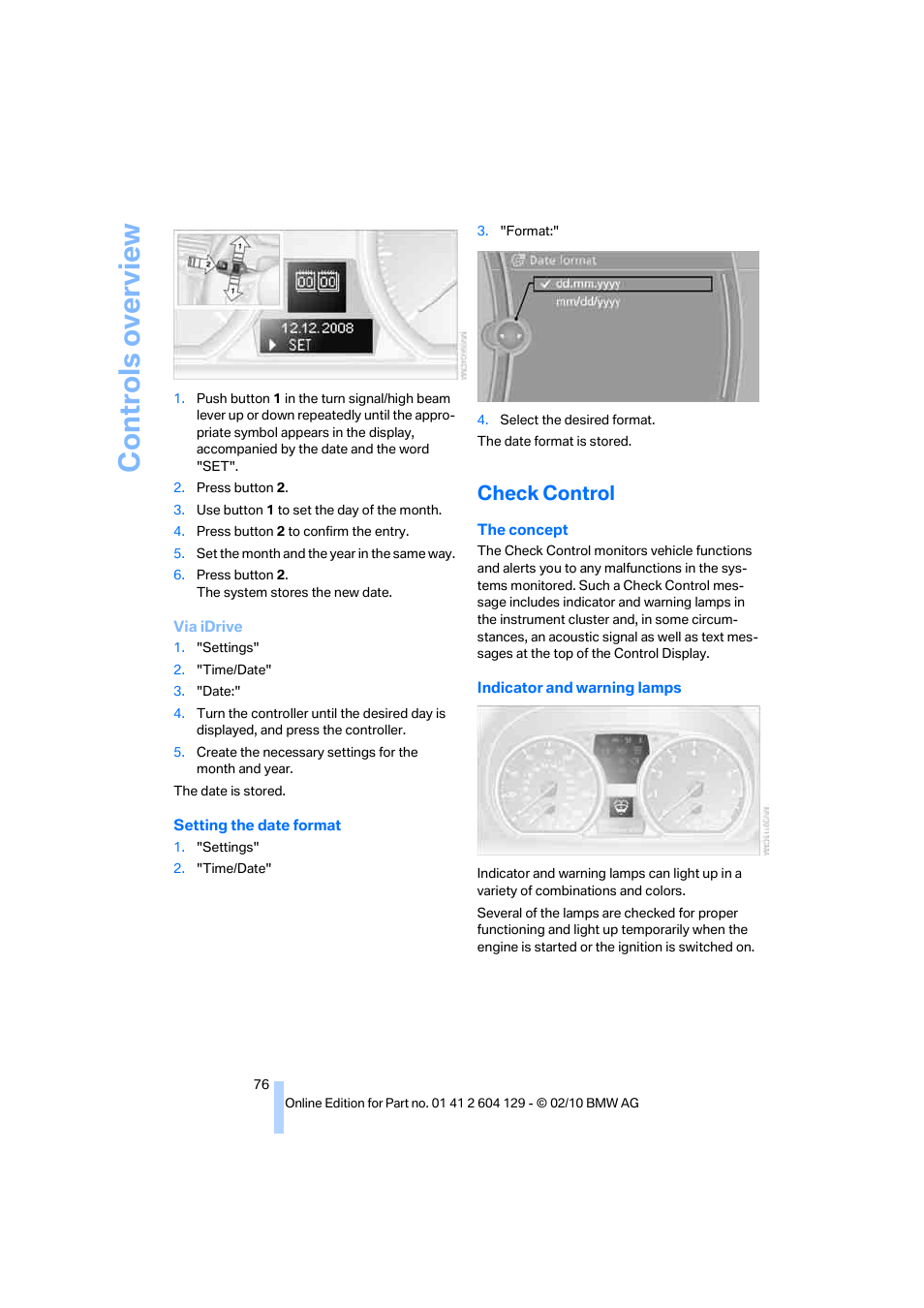 Check control, Controls overview | BMW 128i Convertible 2011 User Manual | Page 78 / 256