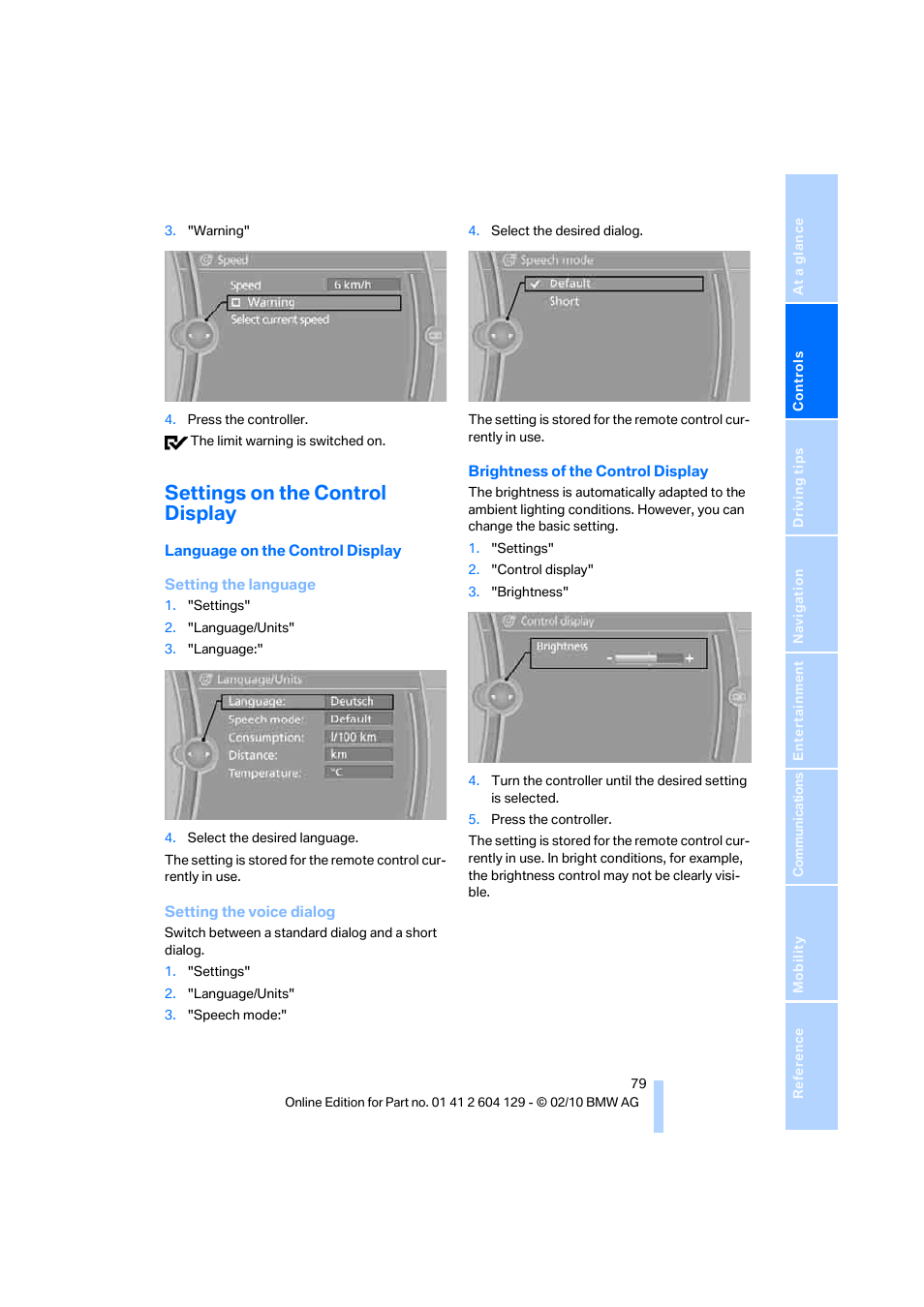 Settings on the control display | BMW 128i Convertible 2011 User Manual | Page 81 / 256