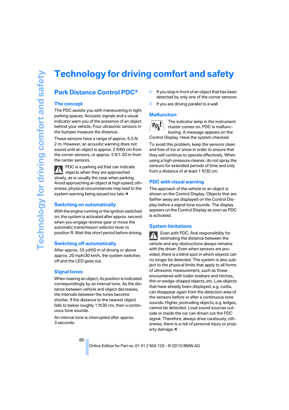 Technology for driving comfort and safety, Park distance control pdc, Te chnology for driving comfort and safe ty | BMW 128i Convertible 2011 User Manual | Page 82 / 256