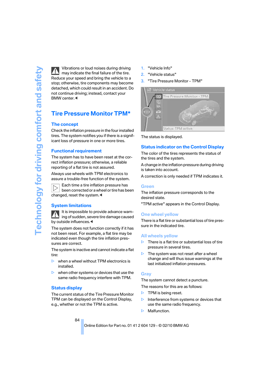 Tire pressure monitor tpm, Te chnology for driving comfort and safe ty | BMW 128i Convertible 2011 User Manual | Page 86 / 256