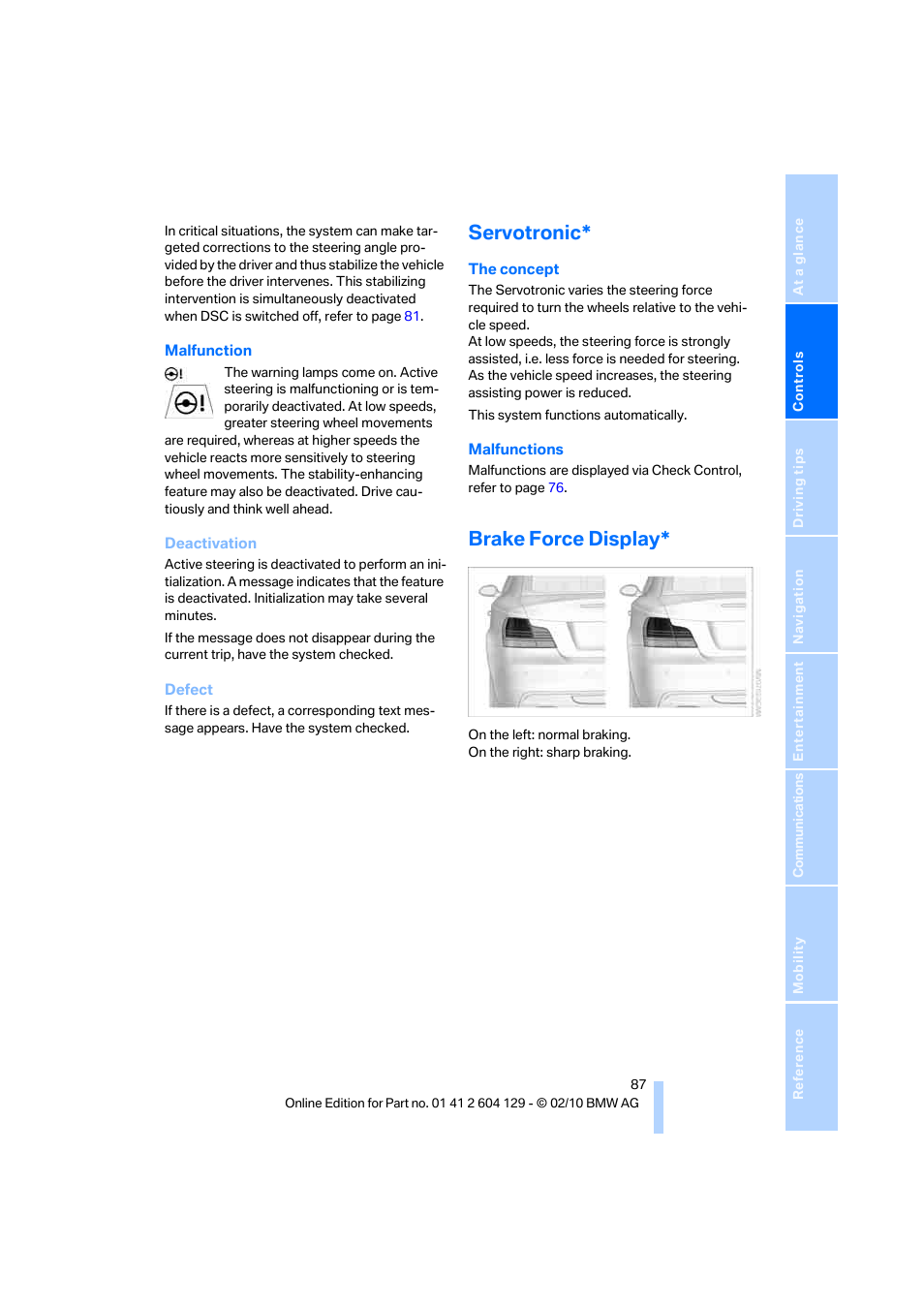 Servotronic, Brake force display | BMW 128i Convertible 2011 User Manual | Page 89 / 256