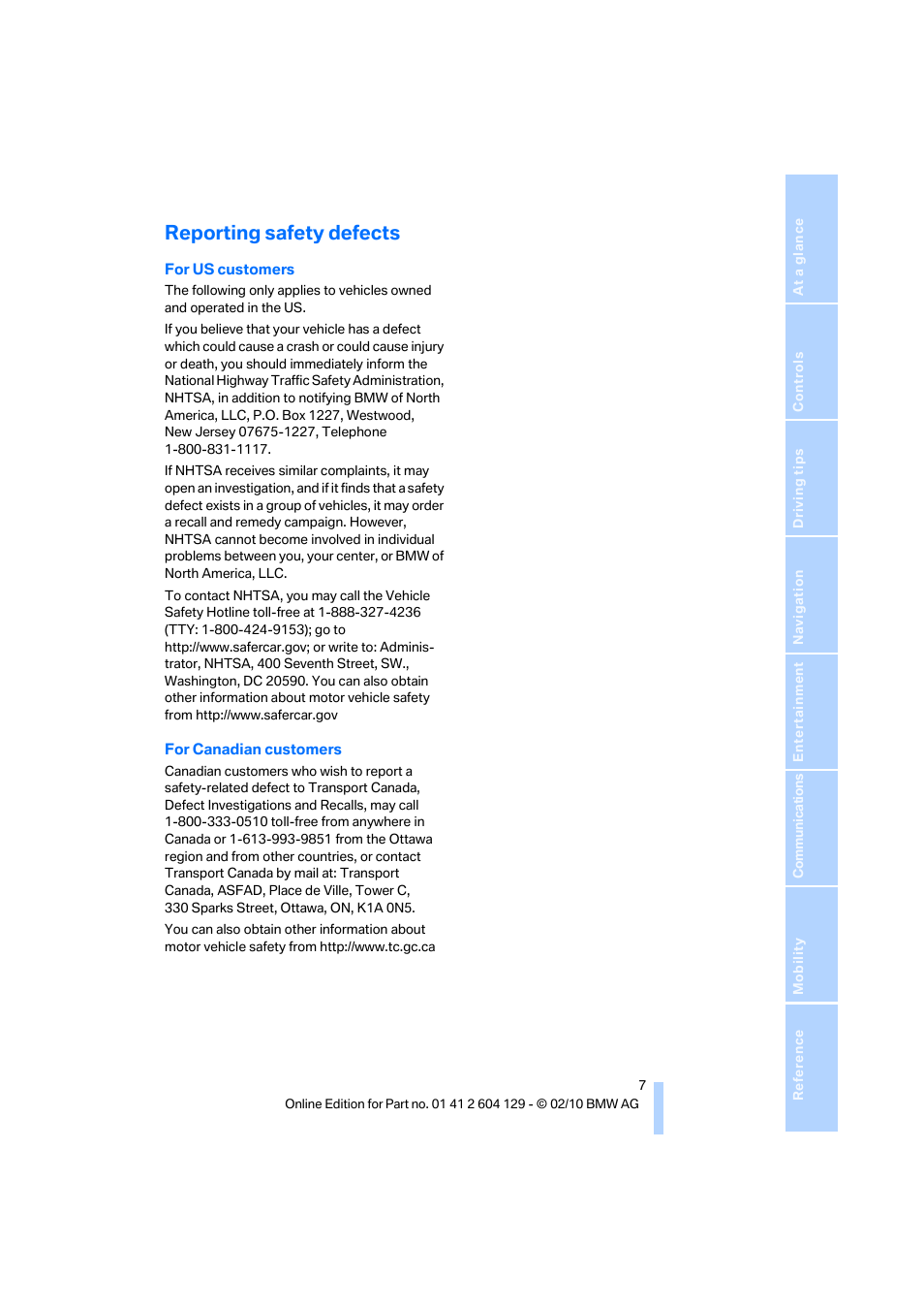 Reporting safety defects | BMW 128i Convertible 2011 User Manual | Page 9 / 256