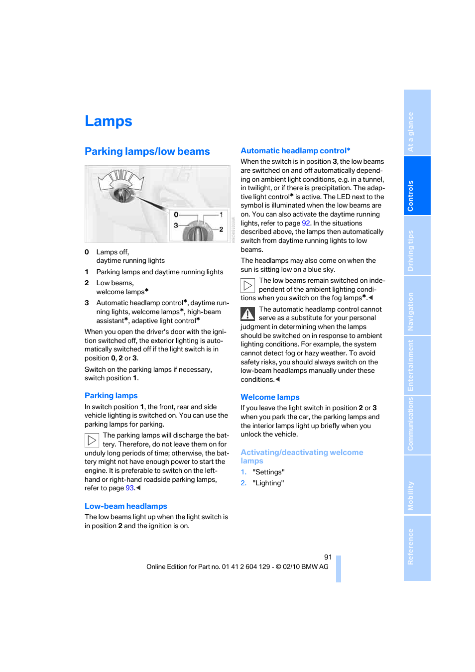 Lamps, Parking lamps/low beams | BMW 128i Convertible 2011 User Manual | Page 93 / 256