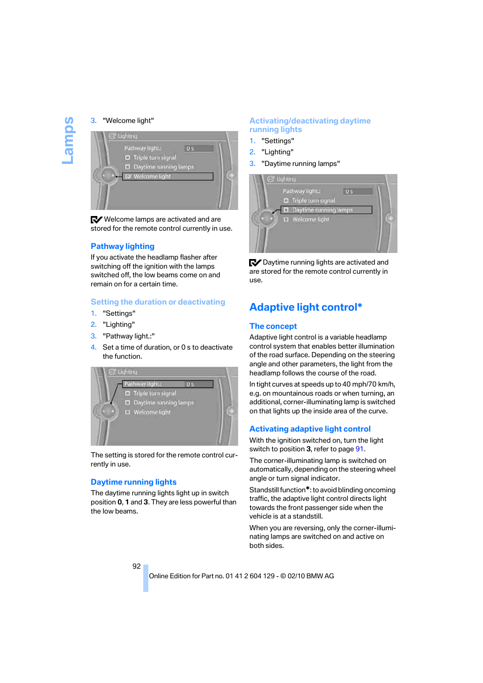 Adaptive light control, La mp s | BMW 128i Convertible 2011 User Manual | Page 94 / 256