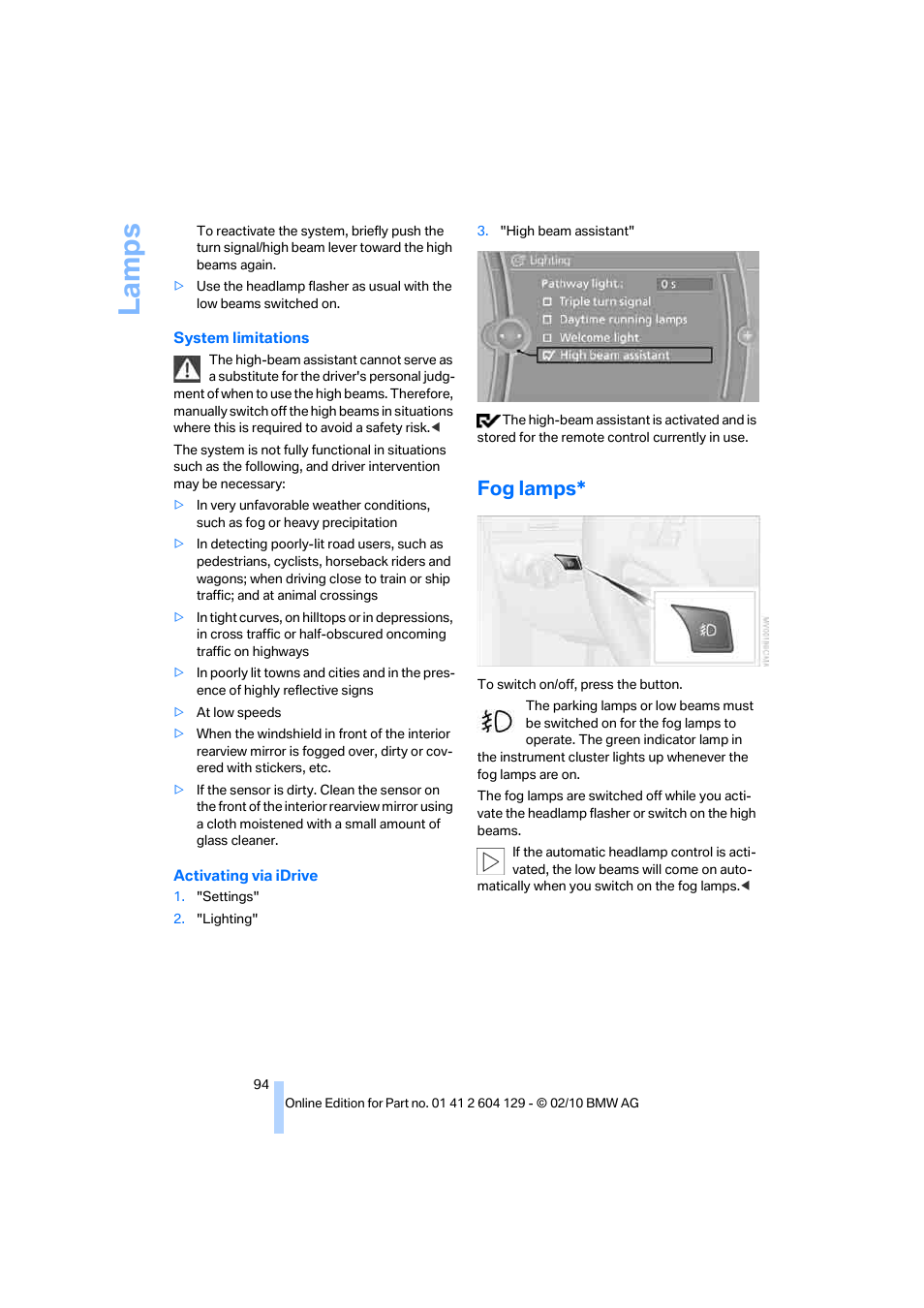 Fog lamps, La mp s | BMW 128i Convertible 2011 User Manual | Page 96 / 256