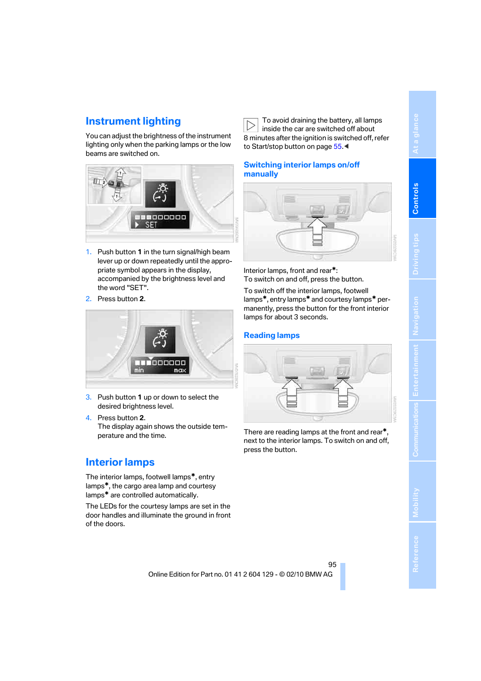 Instrument lighting, Interior lamps | BMW 128i Convertible 2011 User Manual | Page 97 / 256