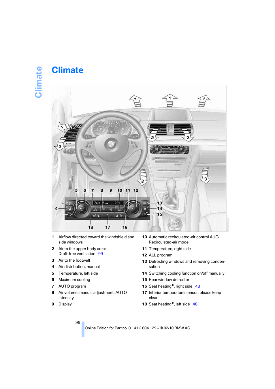 Climate | BMW 128i Convertible 2011 User Manual | Page 98 / 256