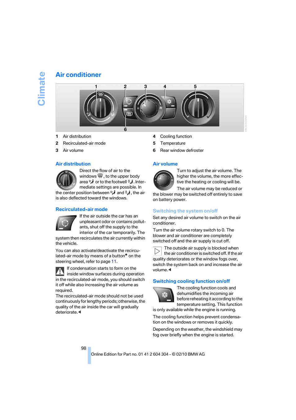 Air conditioner, Nditioner, Climate | BMW 328i Coupe 2011 User Manual | Page 100 / 200