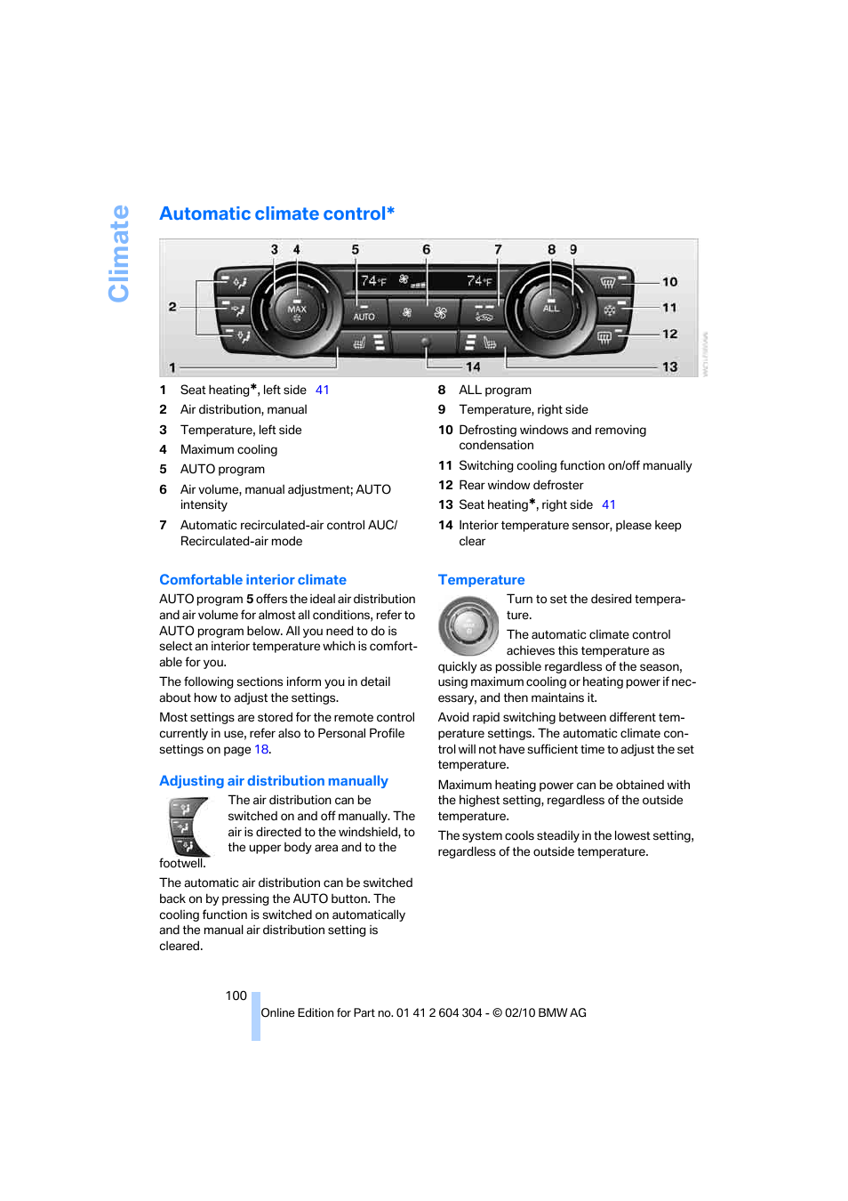 Automatic climate control, Climate | BMW 328i Coupe 2011 User Manual | Page 102 / 200