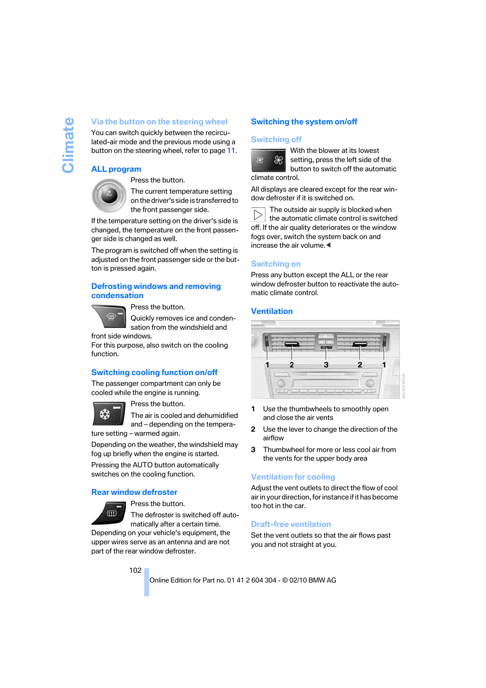 Ling function, Climate | BMW 328i Coupe 2011 User Manual | Page 104 / 200