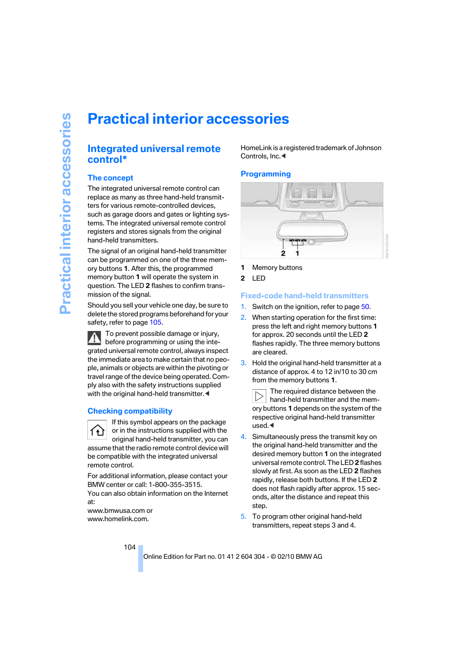 Practical interior accessories, Integrated universal remote control | BMW 328i Coupe 2011 User Manual | Page 106 / 200