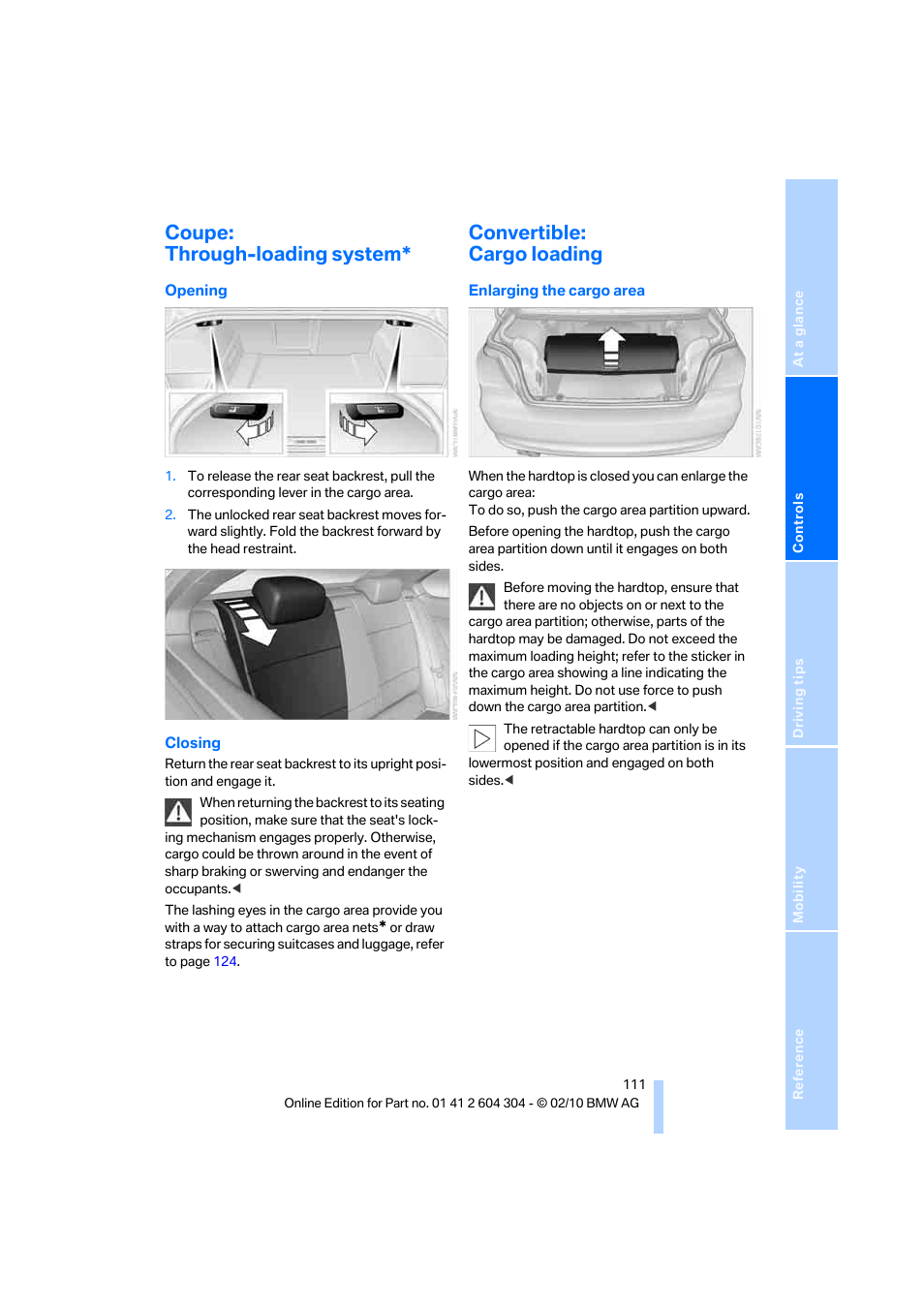 Coupe: through-loading system, Convertible: cargo loading | BMW 328i Coupe 2011 User Manual | Page 113 / 200