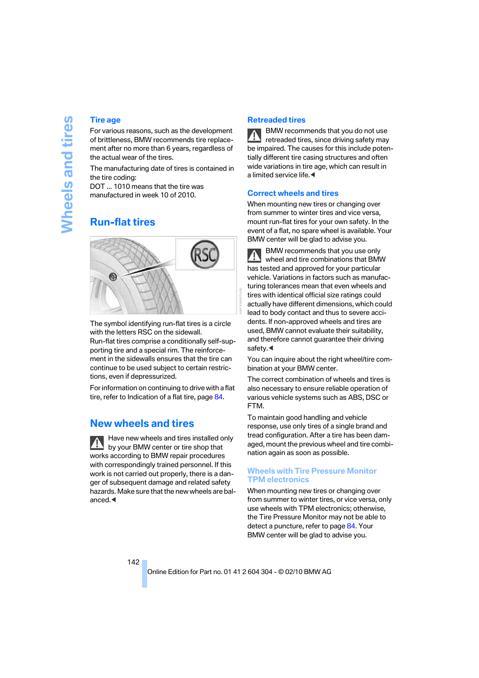 Run-flat tires, New wheels and tires, Wheels and tires | BMW 328i Coupe 2011 User Manual | Page 144 / 200