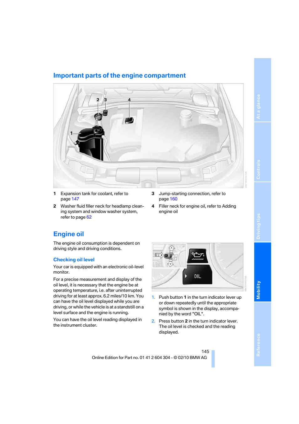 Important parts of the engine compartment, Engine oil | BMW 328i Coupe 2011 User Manual | Page 147 / 200