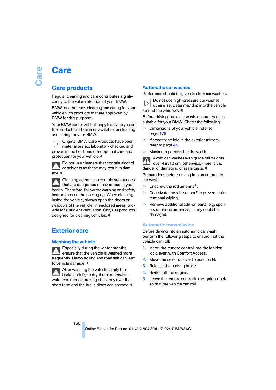 Care, Care products, Exterior care | BMW 328i Coupe 2011 User Manual | Page 152 / 200