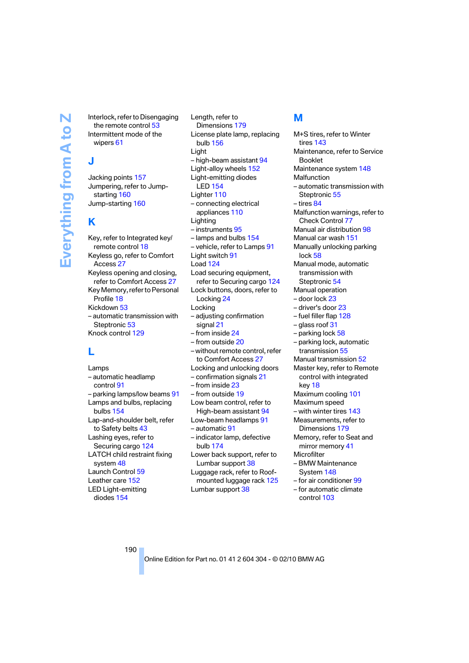 Everything from a to z | BMW 328i Coupe 2011 User Manual | Page 192 / 200