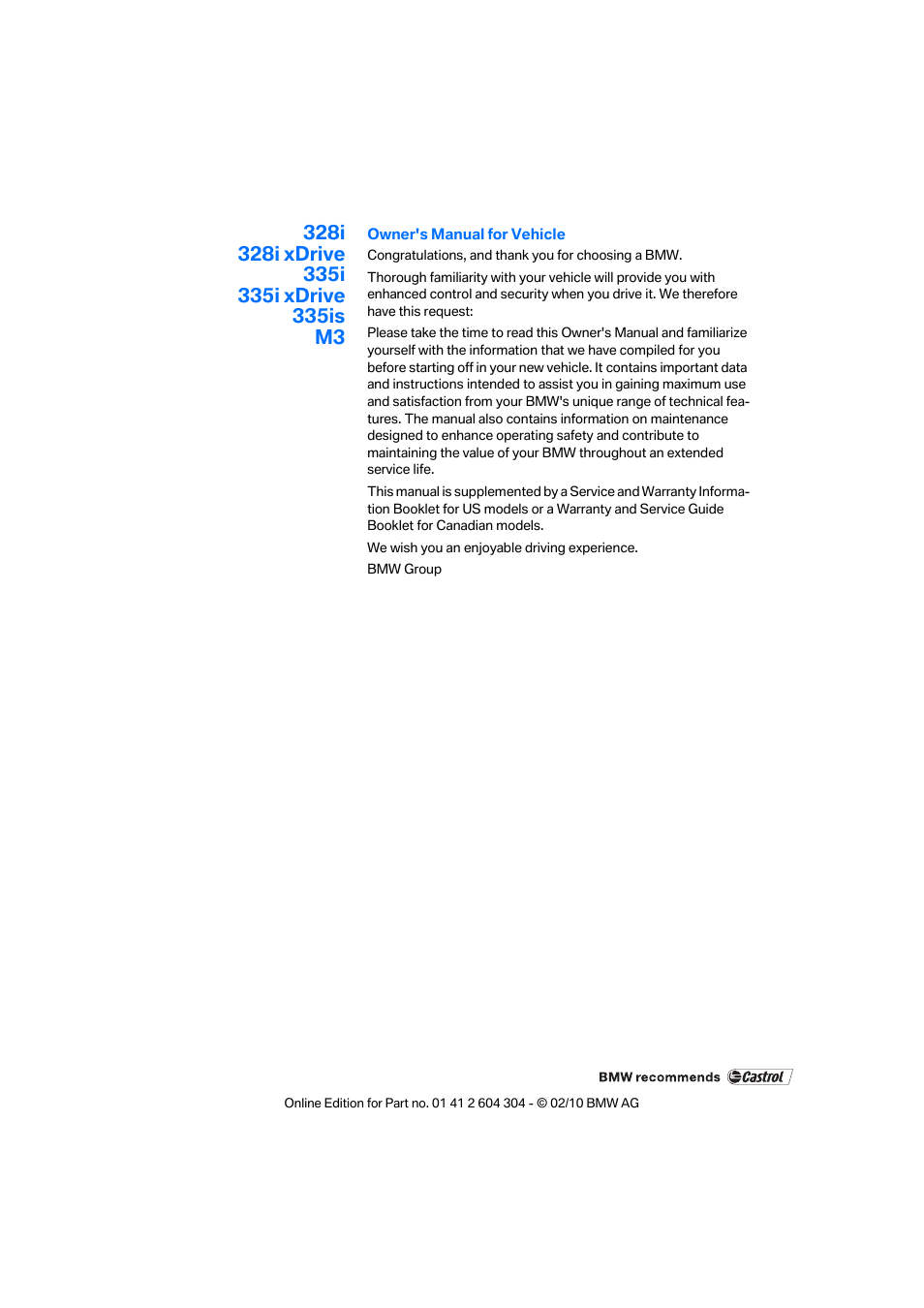 BMW 328i Coupe 2011 User Manual | Page 3 / 200