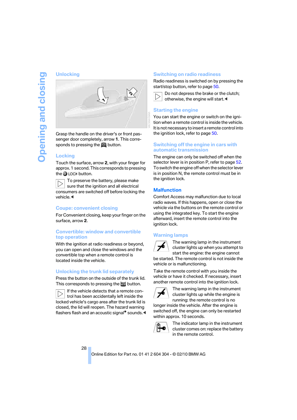 Opening and closing | BMW 328i Coupe 2011 User Manual | Page 30 / 200