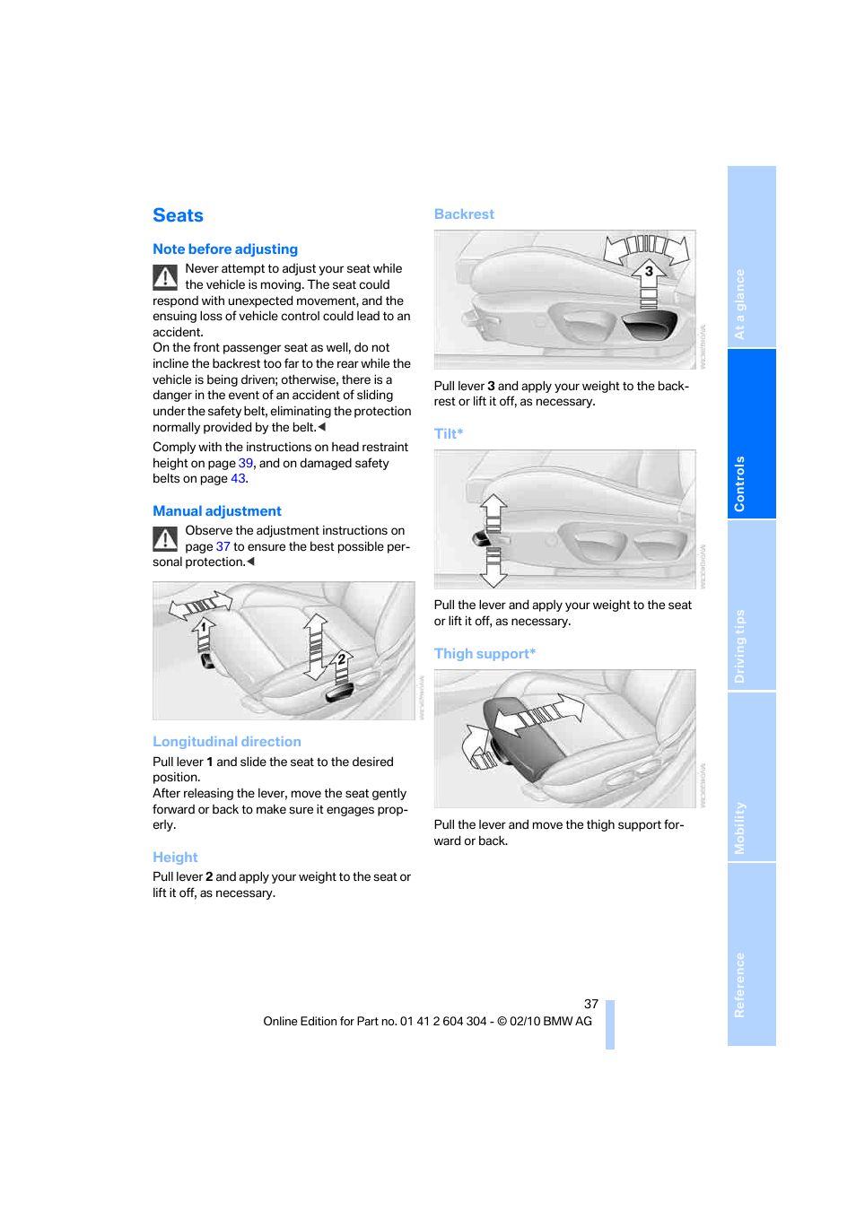 Seats | BMW 328i Coupe 2011 User Manual | Page 39 / 200