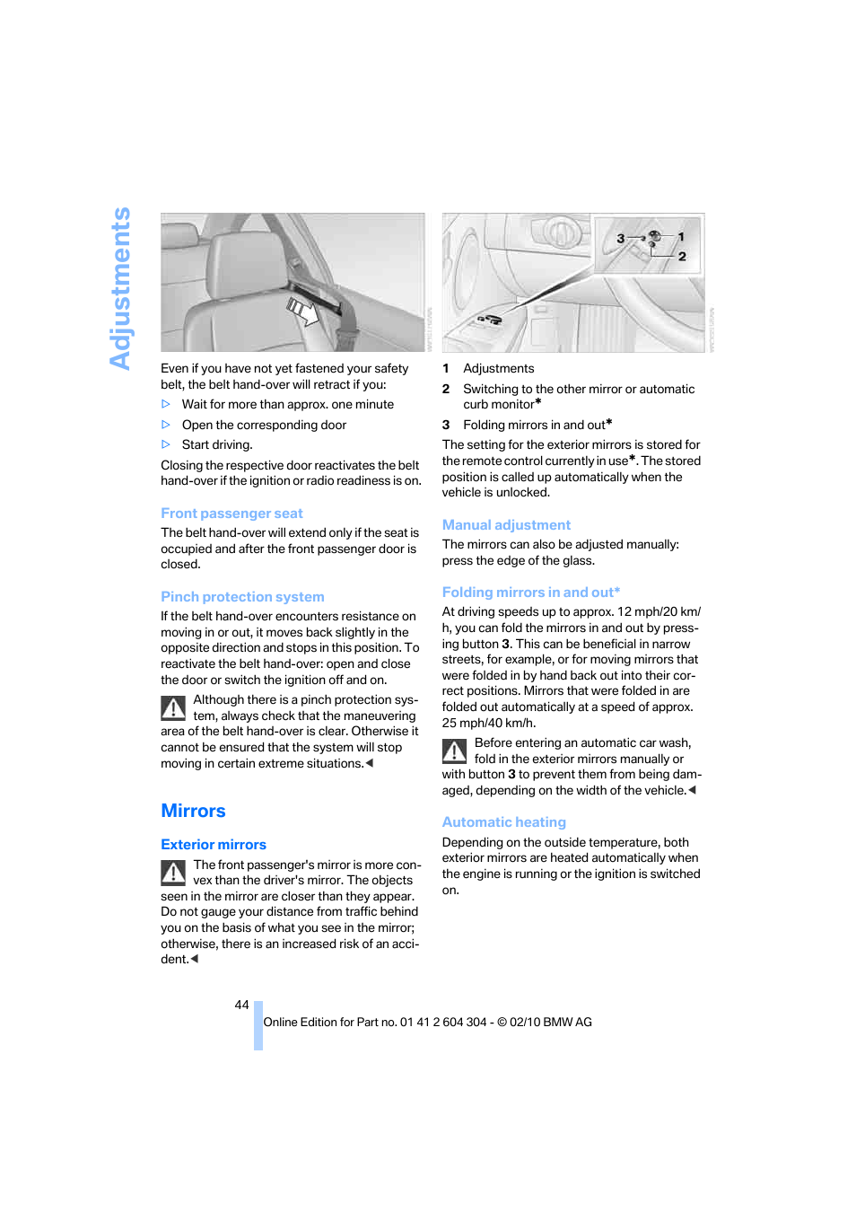 Mirrors, Adjustments | BMW 328i Coupe 2011 User Manual | Page 46 / 200