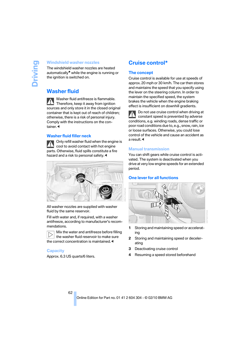 Washer fluid, Cruise control, Driving | BMW 328i Coupe 2011 User Manual | Page 64 / 200