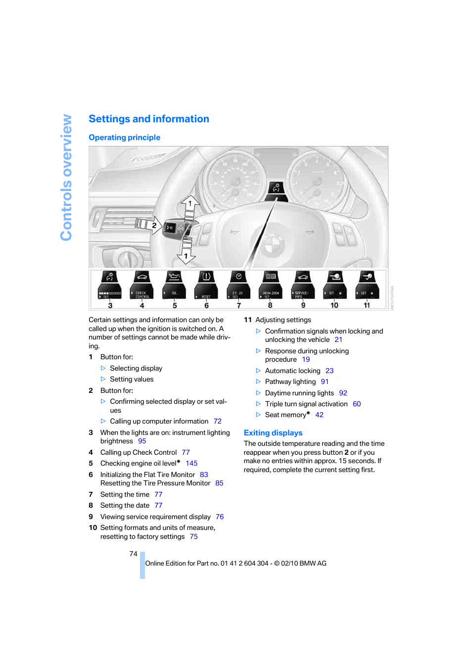 Settings and information, Vehicle, Controls overview | BMW 328i Coupe 2011 User Manual | Page 76 / 200