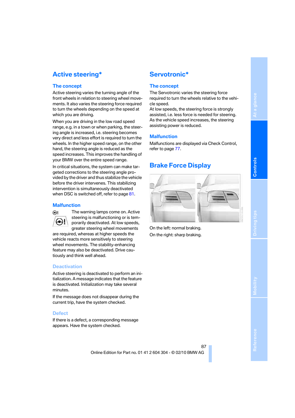 Active steering, Servotronic, Brake force display | BMW 328i Coupe 2011 User Manual | Page 89 / 200