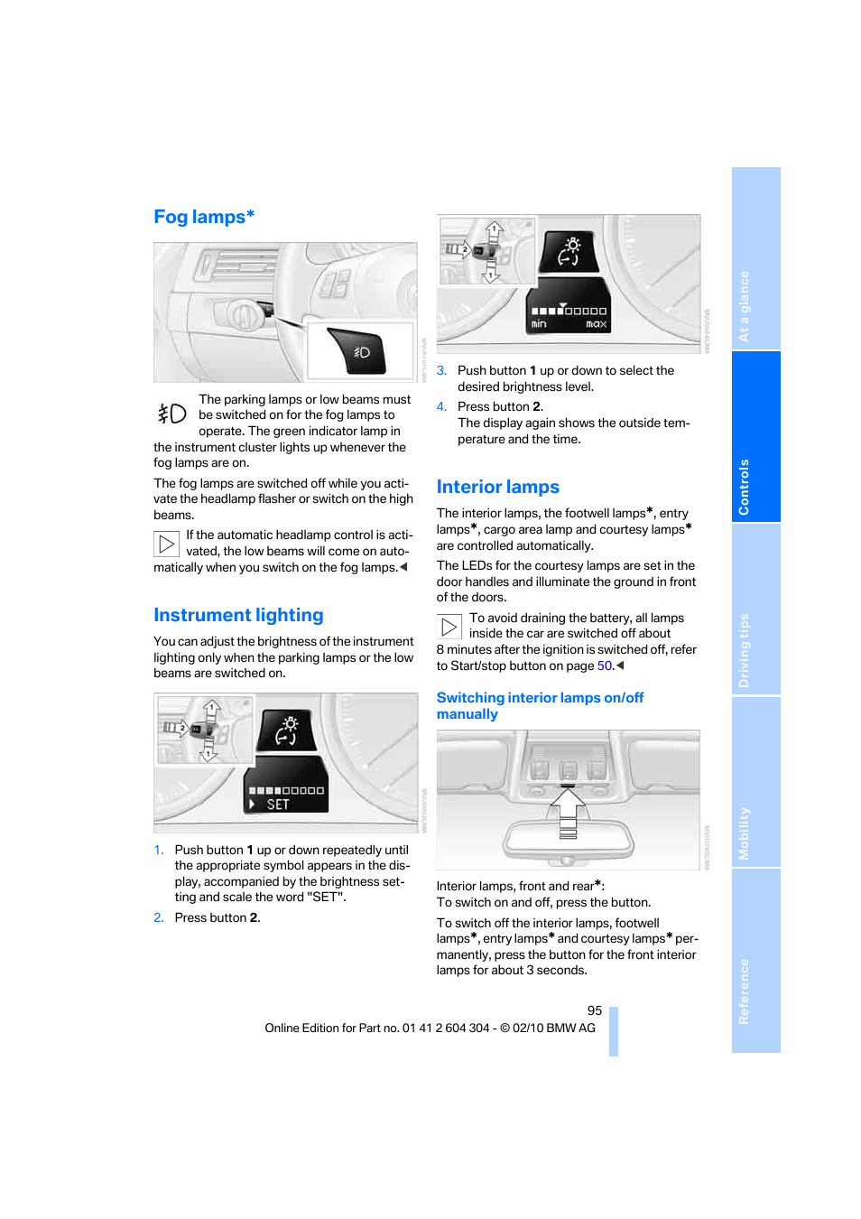 Fog lamps, Instrument lighting, Interior lamps | BMW 328i Coupe 2011 User Manual | Page 97 / 200