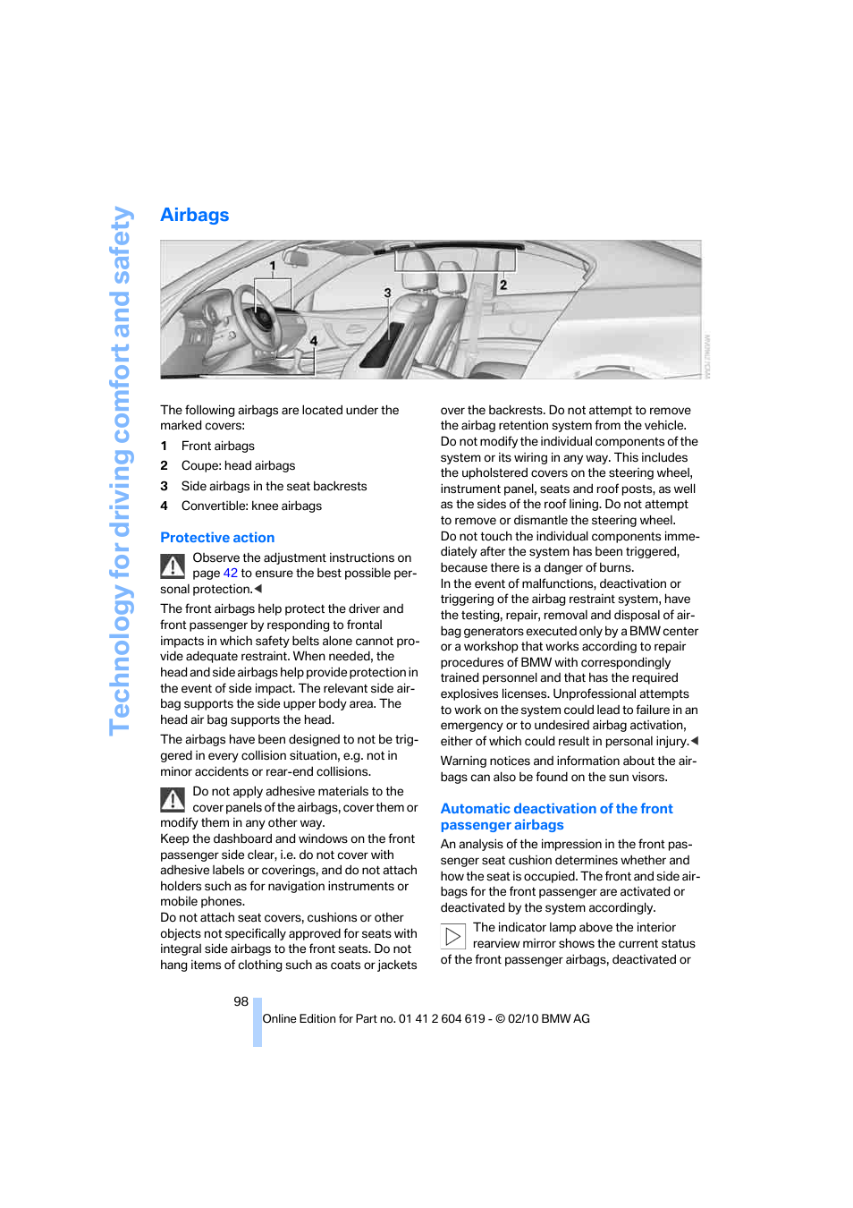 Airbags, Technology for driving comfort and safety | BMW 335is Convertible 2011 User Manual | Page 100 / 278