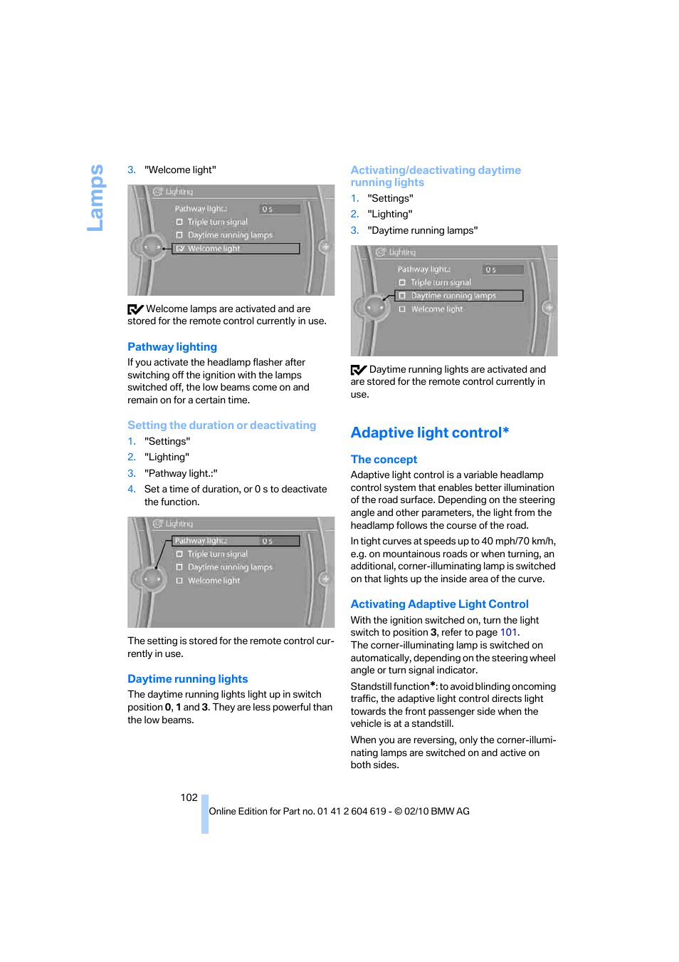 Adaptive light control, La mps | BMW 335is Convertible 2011 User Manual | Page 104 / 278