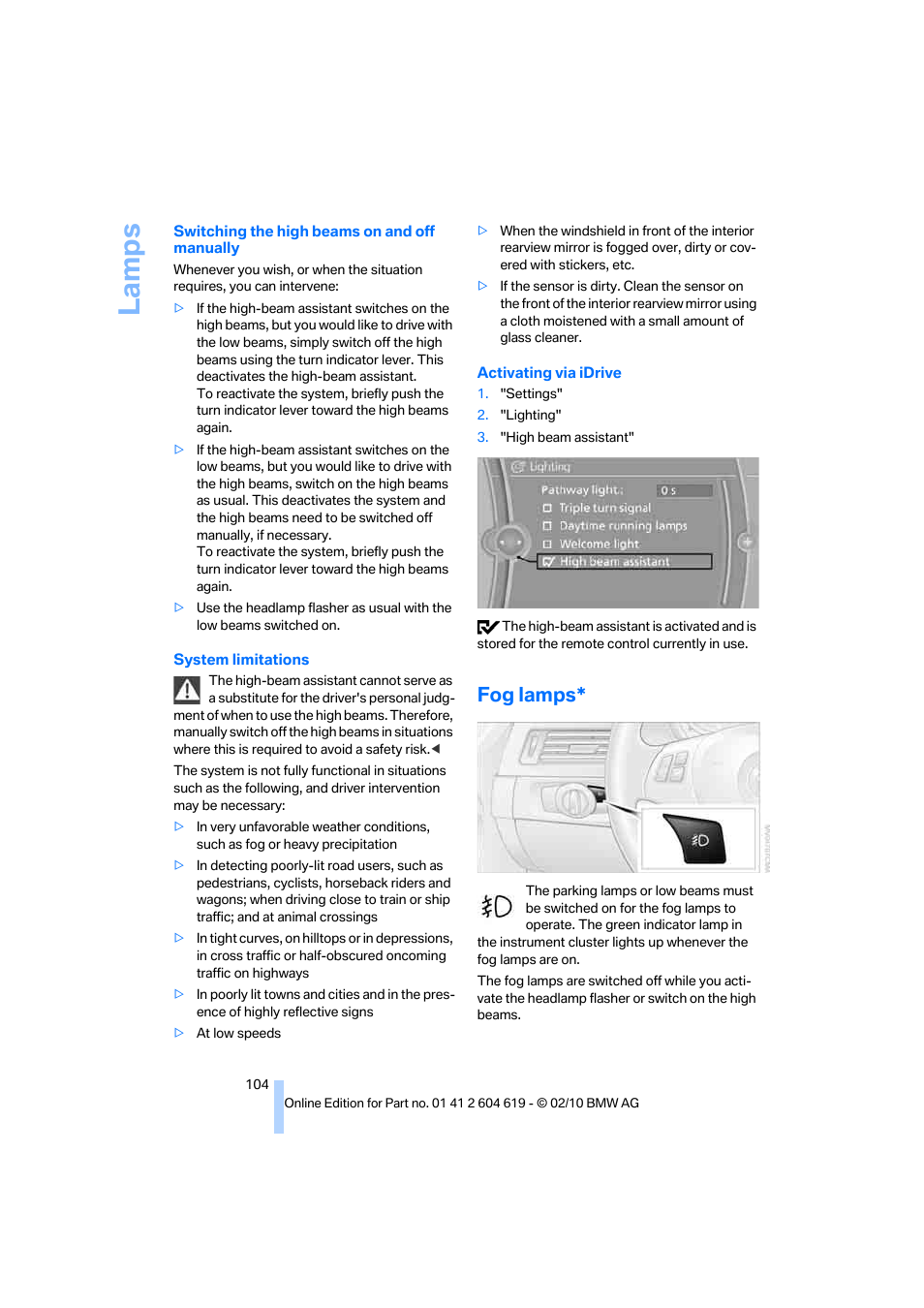 Fog lamps, La mps | BMW 335is Convertible 2011 User Manual | Page 106 / 278