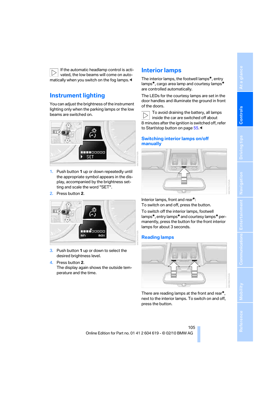 Instrument lighting, Interior lamps, Reading lamps | BMW 335is Convertible 2011 User Manual | Page 107 / 278