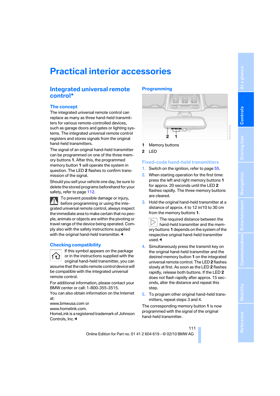 Practical interior accessories, Integrated universal remote control | BMW 335is Convertible 2011 User Manual | Page 113 / 278