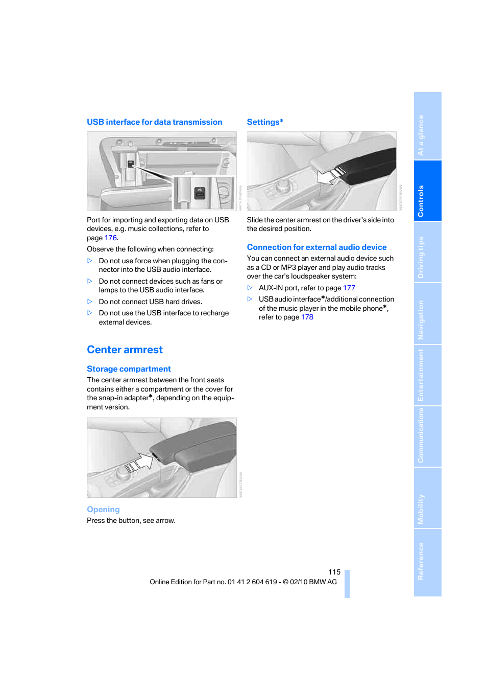 Center armrest | BMW 335is Convertible 2011 User Manual | Page 117 / 278