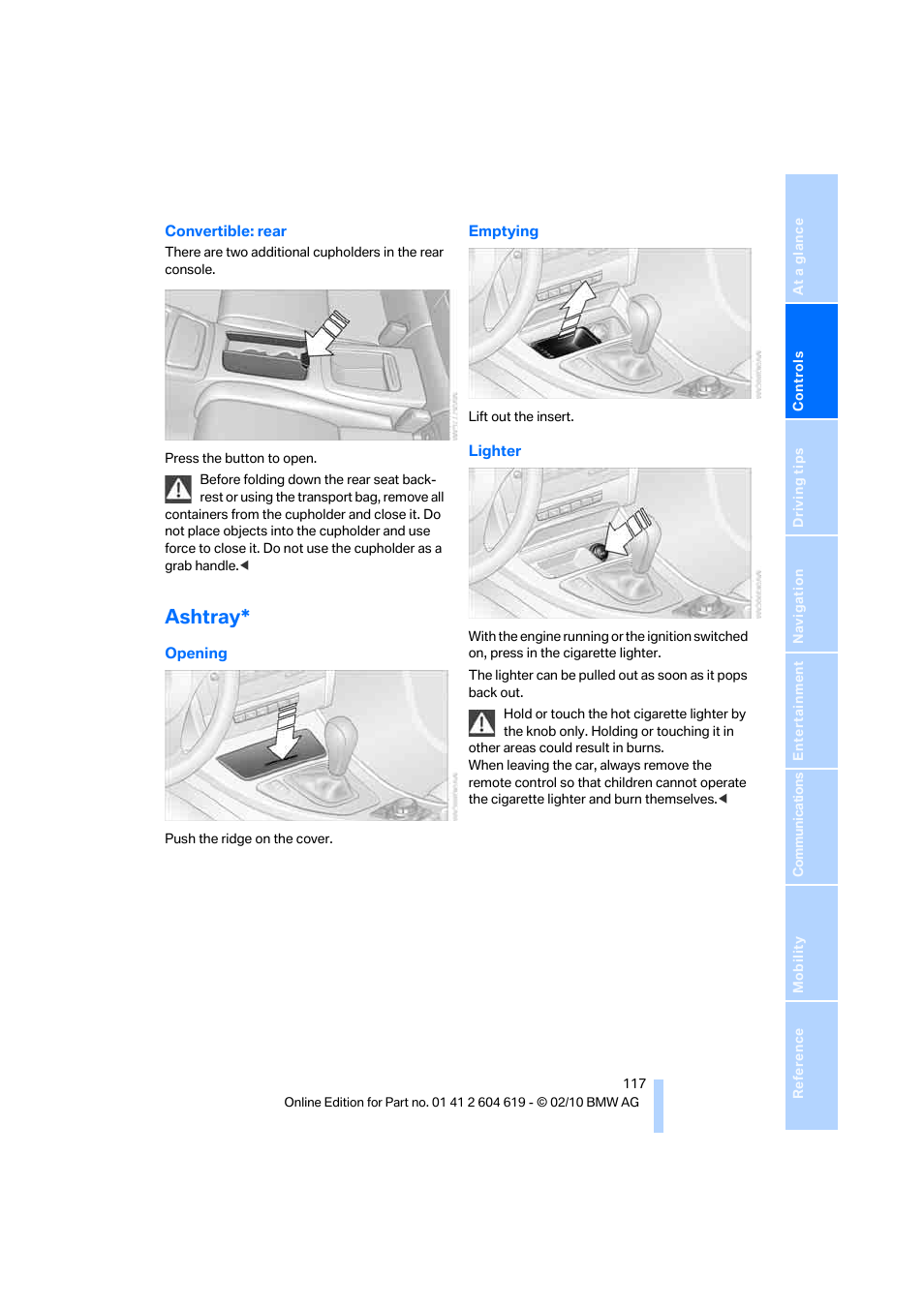 Ashtray | BMW 335is Convertible 2011 User Manual | Page 119 / 278