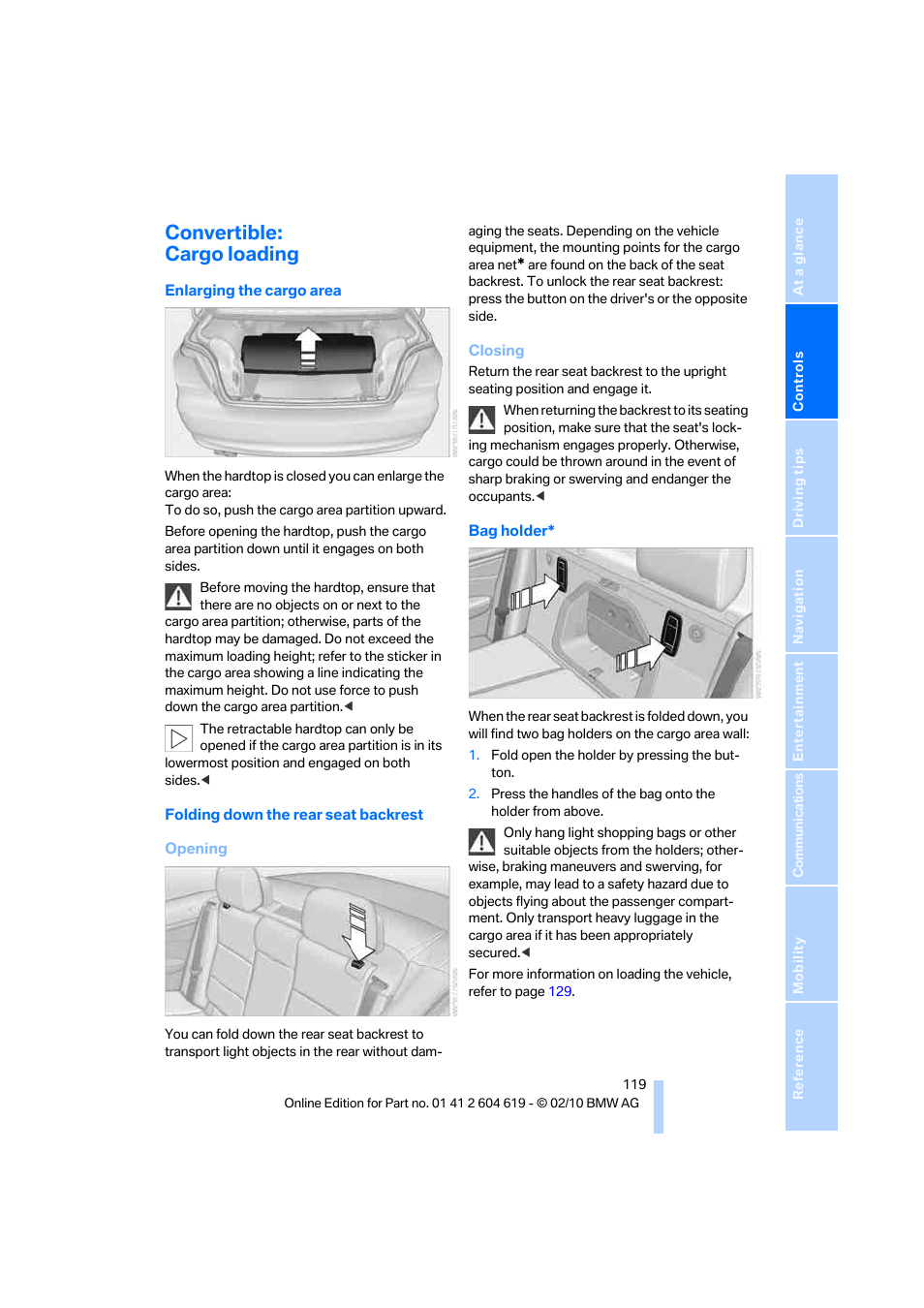 Convertible: cargo loading | BMW 335is Convertible 2011 User Manual | Page 121 / 278