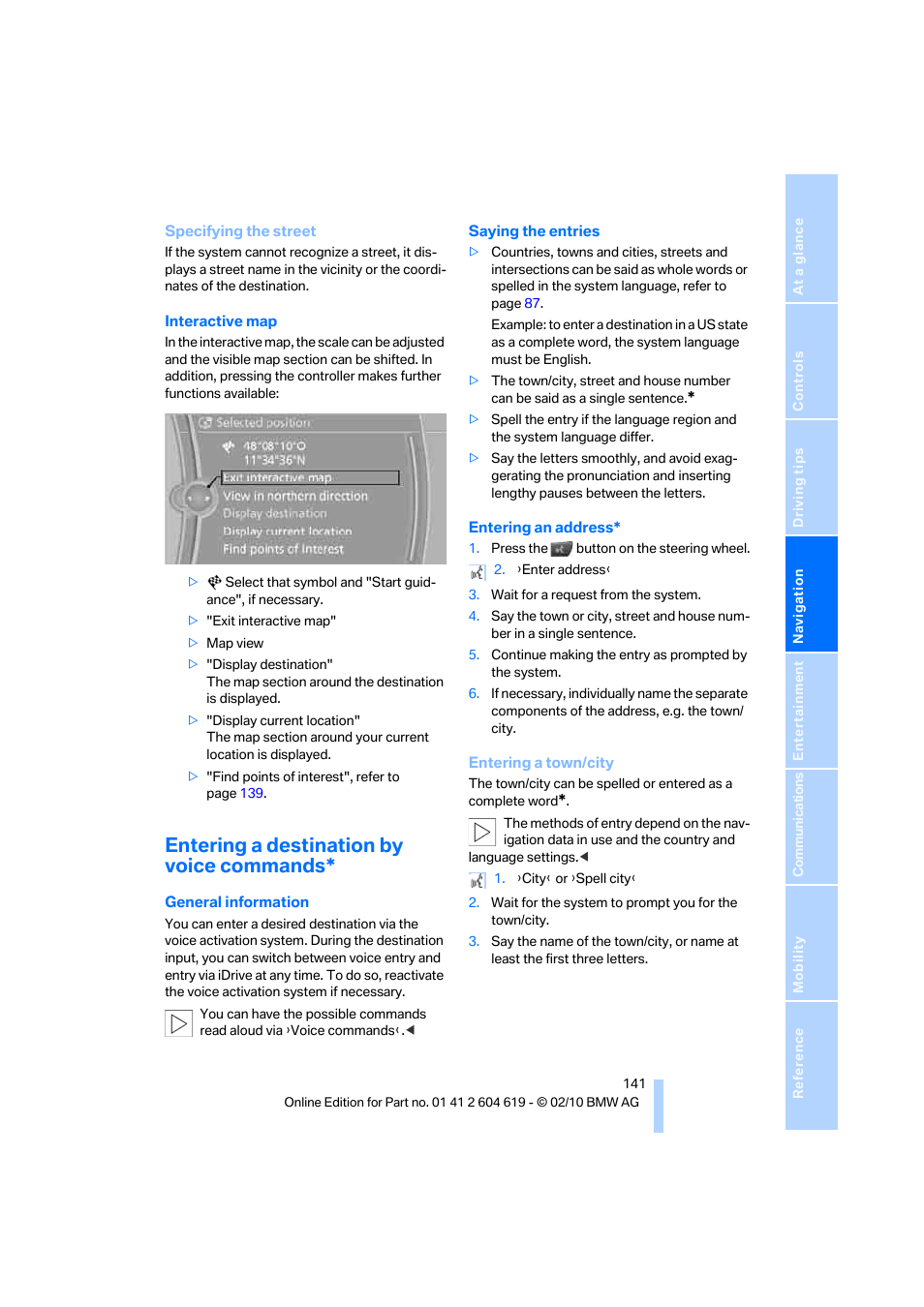 Entering a destination by voice commands | BMW 335is Convertible 2011 User Manual | Page 143 / 278