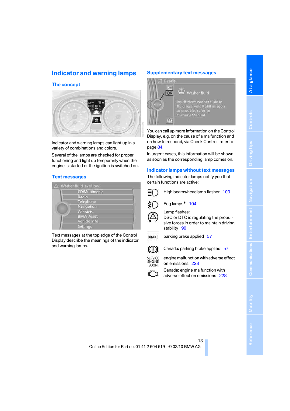 Indicator and warning lamps | BMW 335is Convertible 2011 User Manual | Page 15 / 278