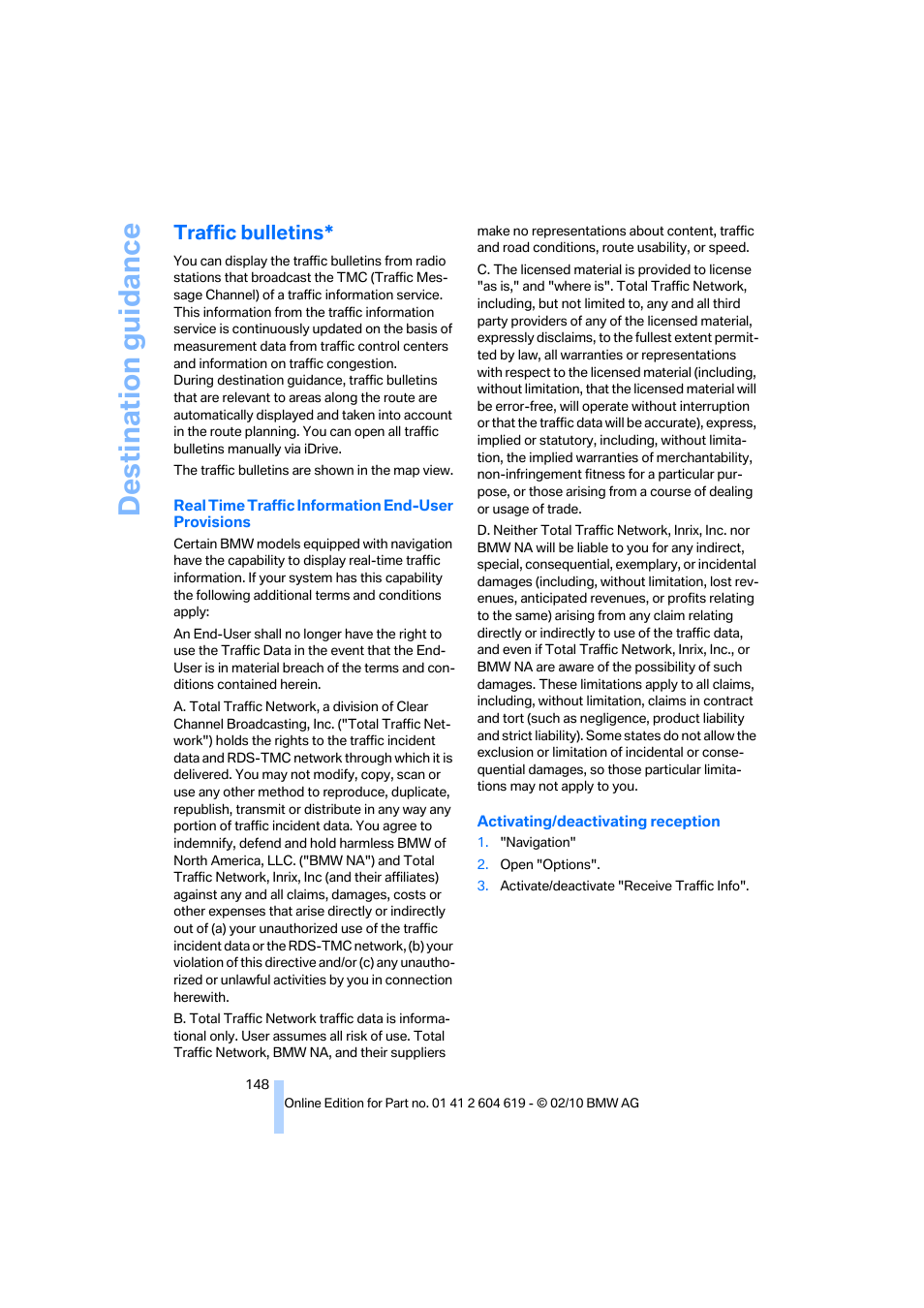 Traffic bulletins, Destination guidance | BMW 335is Convertible 2011 User Manual | Page 150 / 278