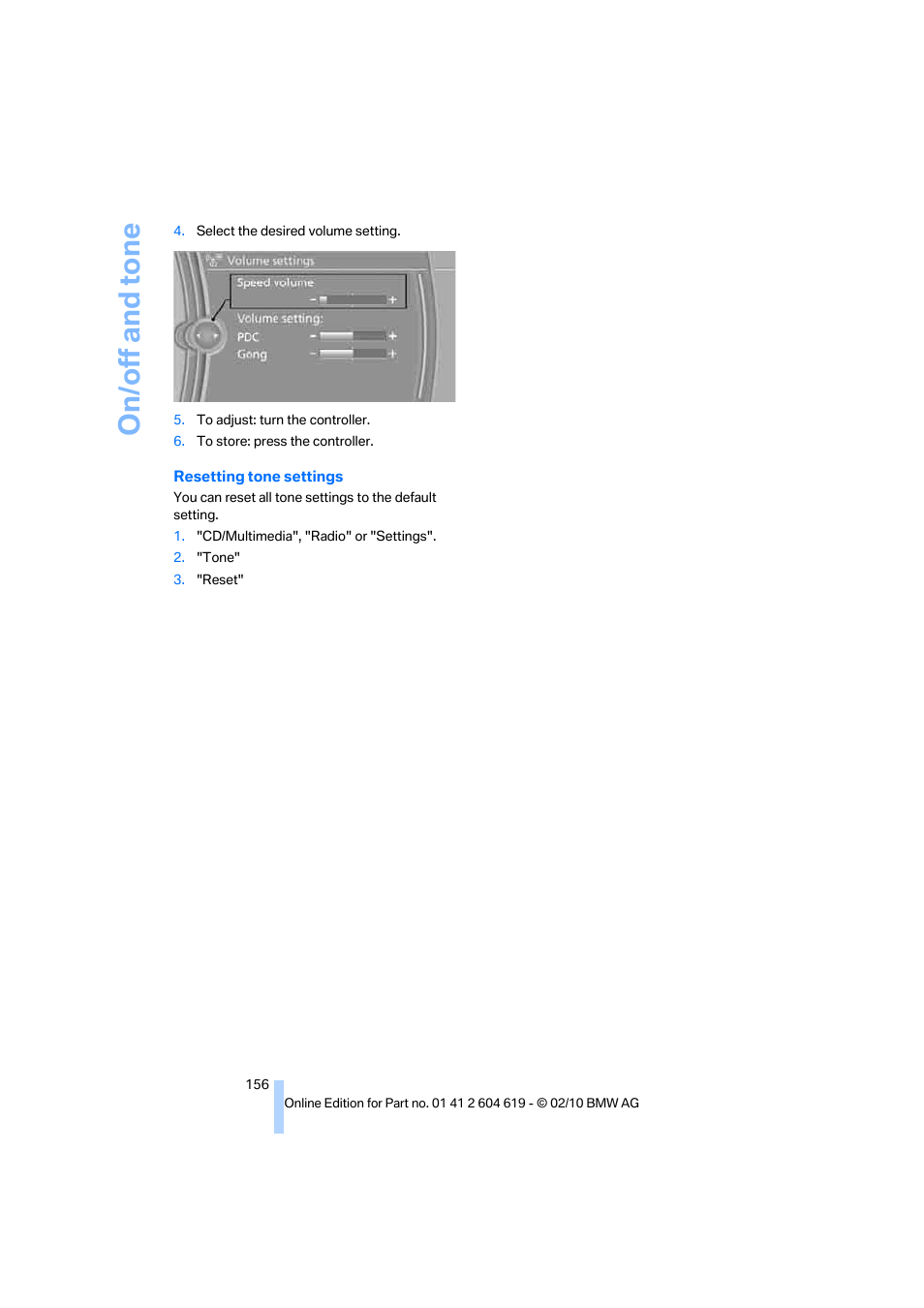 On/off and tone | BMW 335is Convertible 2011 User Manual | Page 158 / 278