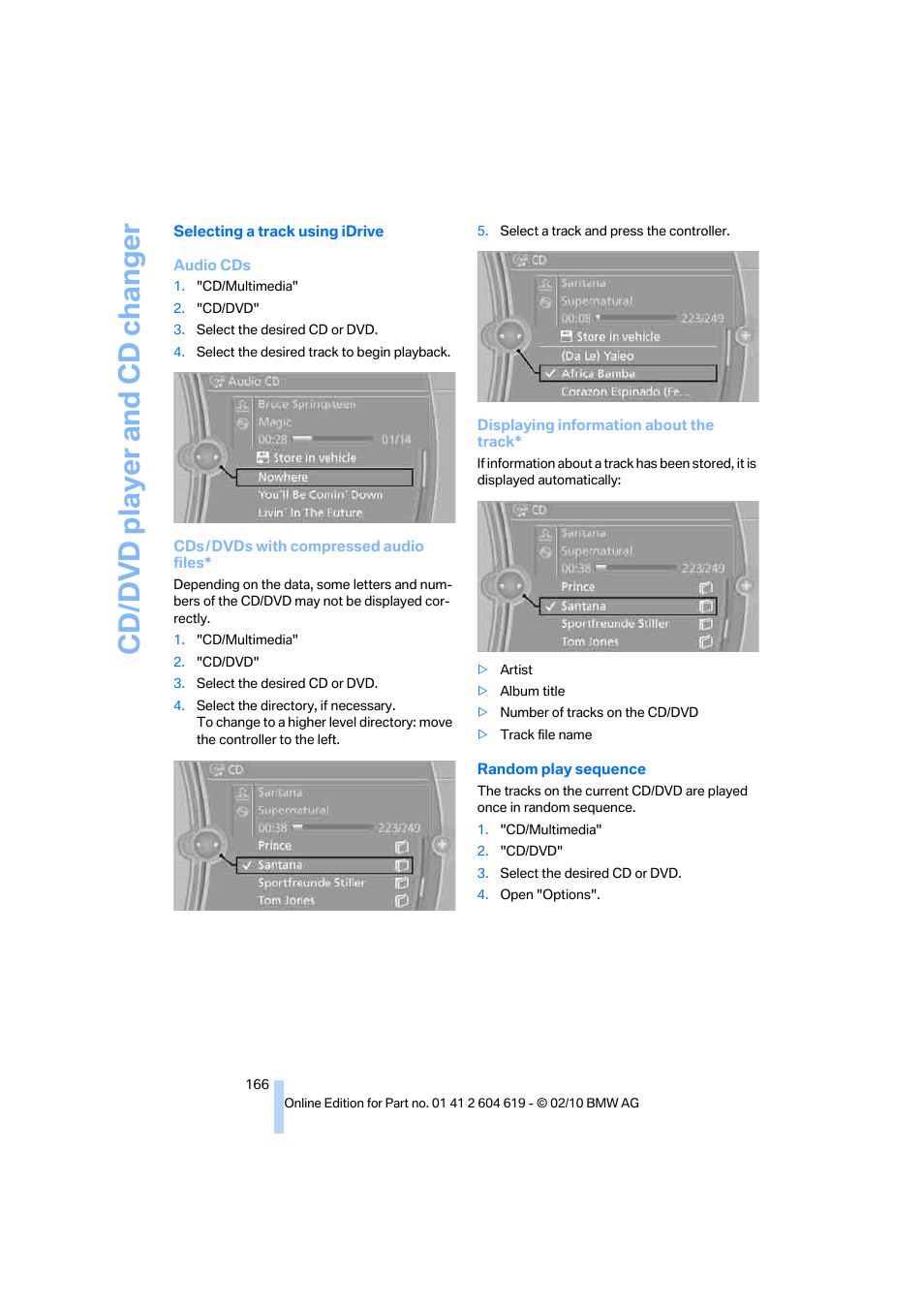 Cd/dvd player and cd changer | BMW 335is Convertible 2011 User Manual | Page 168 / 278