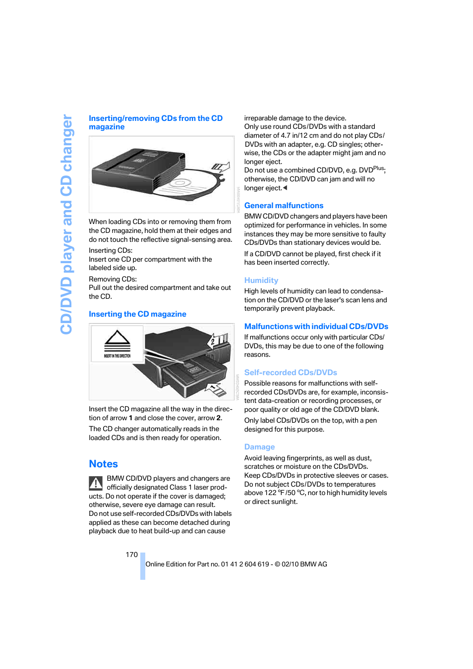 Notes, Cd/dvd player and cd changer | BMW 335is Convertible 2011 User Manual | Page 172 / 278