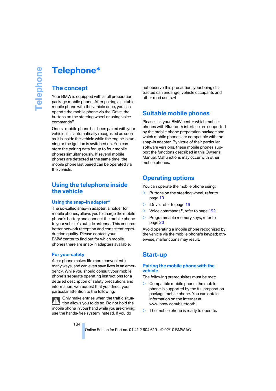 Telephone, The concept, Using the telephone inside the vehicle | Suitable mobile phones, Operating options, Start-up, Icat, Te lephone | BMW 335is Convertible 2011 User Manual | Page 186 / 278