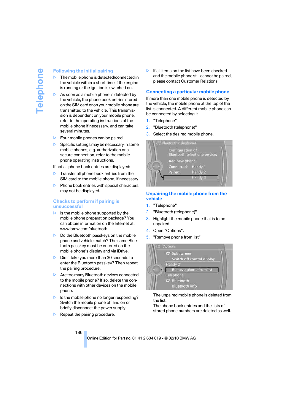 Te lephone | BMW 335is Convertible 2011 User Manual | Page 188 / 278